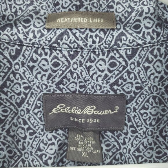 Eddie Bauer Shirt Mens XL Black Blue Geometric Linen Short Sleeve Button-Up - Picture 5 of 9